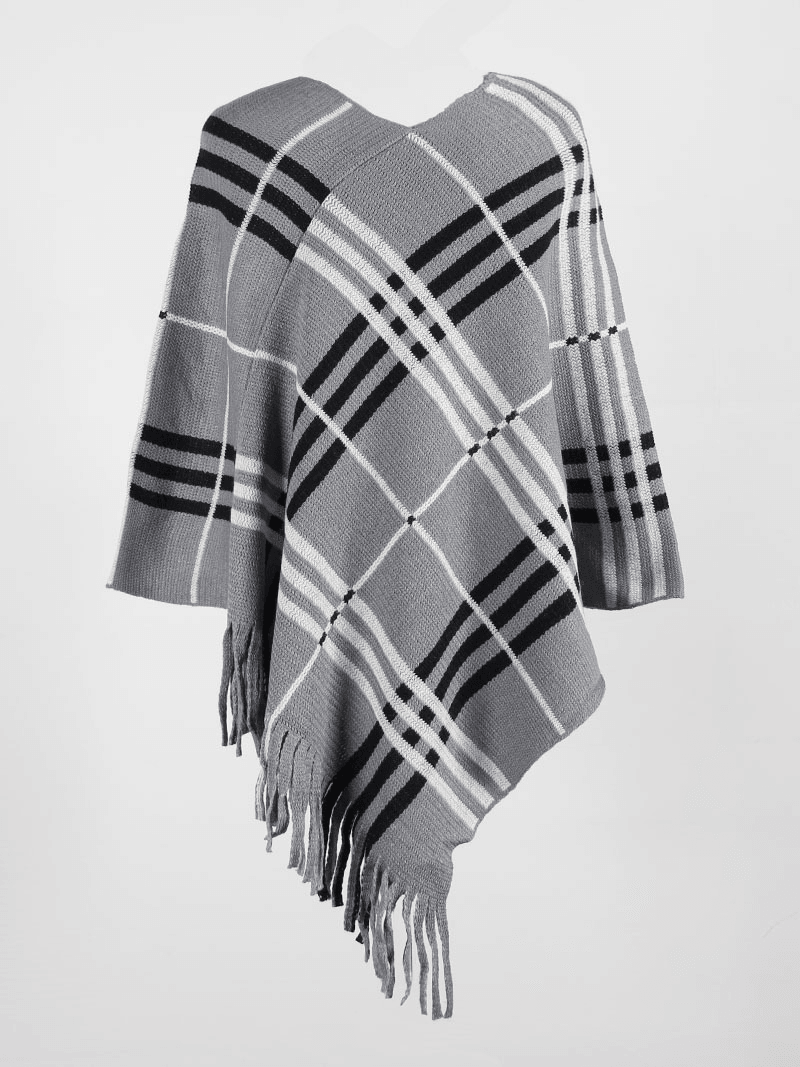 Gray plaid fringe poncho wrap, asymmetrical drape
