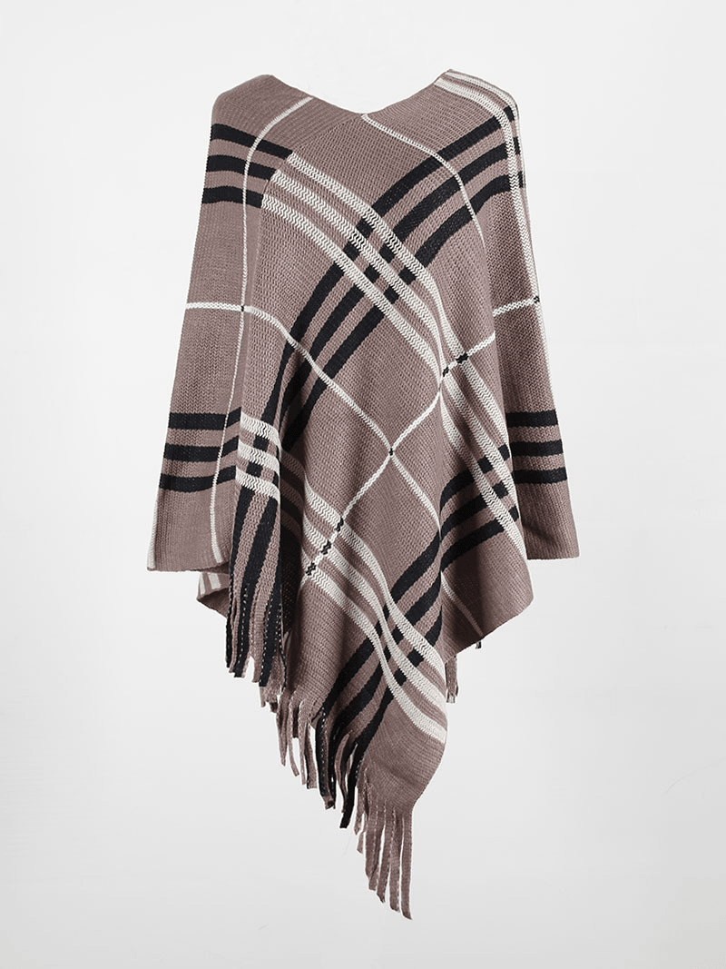 brown plaid fringed poncho shawl with flowing ruana styling
