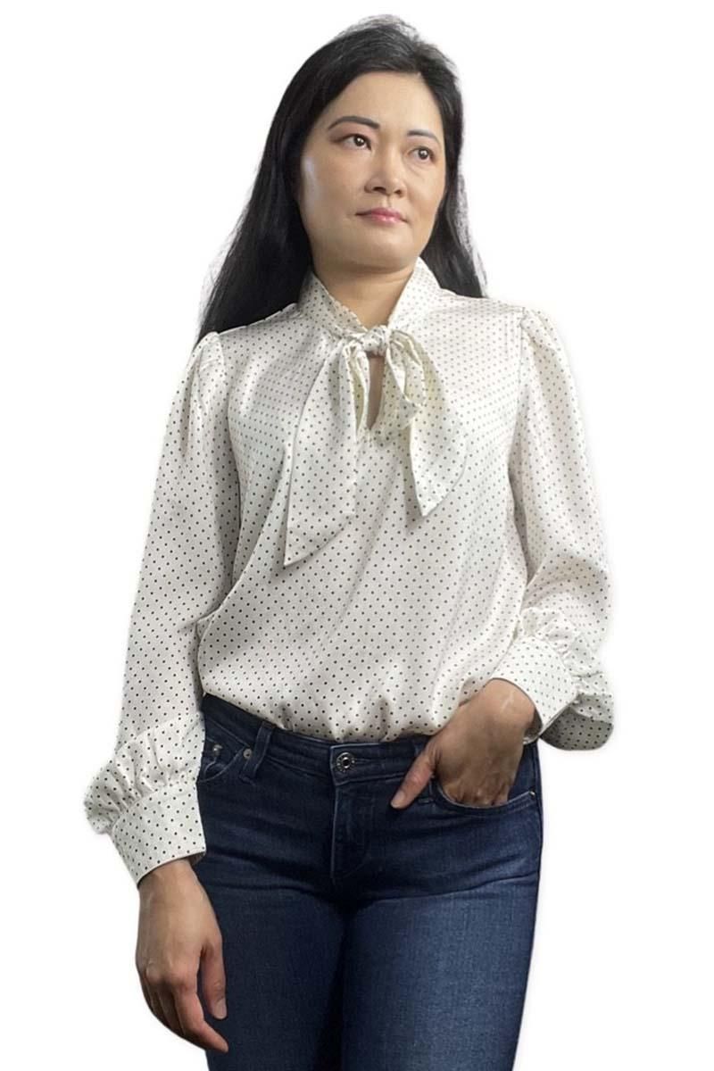 Pin Dot Tie Neck Satin Blouse - BTK COLLECTION