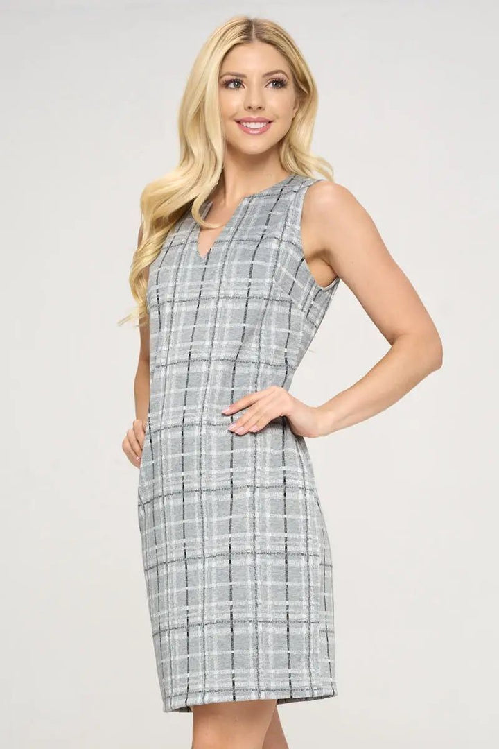 Plaid V - neck Sleeveless Dress - BTK COLLECTIONS