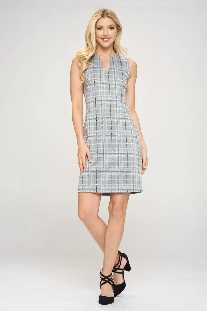 Plaid V - neck Sleeveless Dress - BTK COLLECTIONS