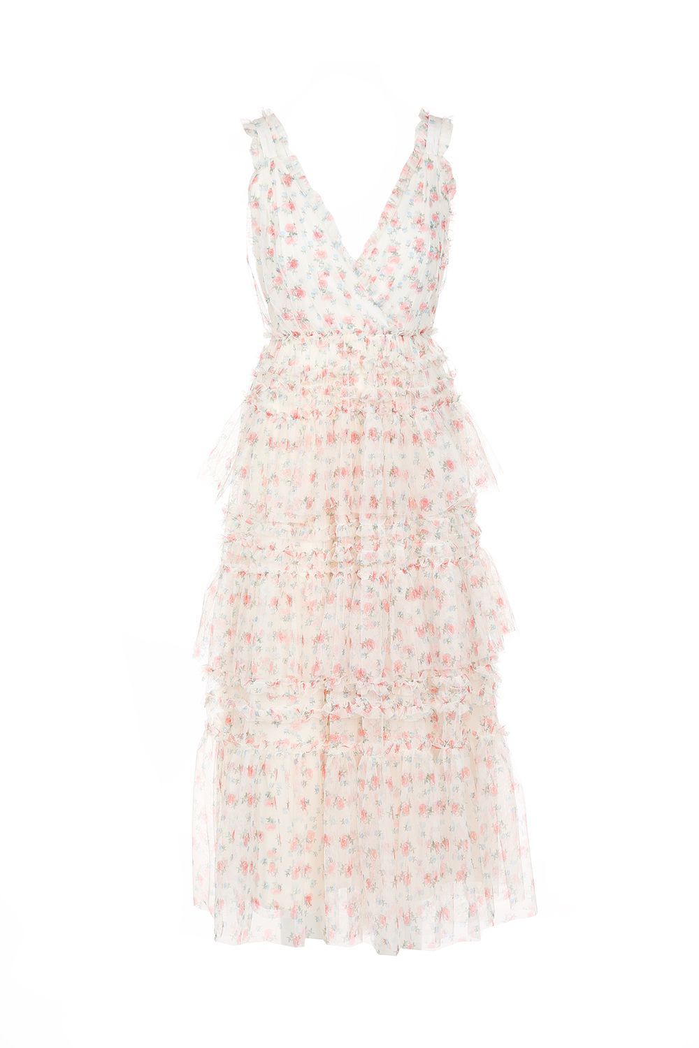 Printed Mesh Long Dress With Frill & Ruffle Detail - BTK COLLECTION