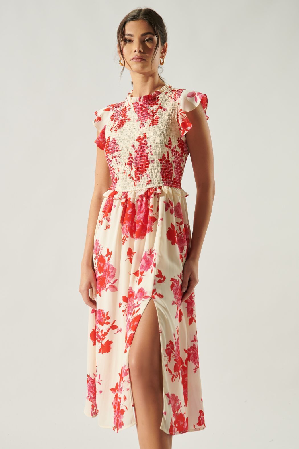 Rhu Crimson Floral Smocked Midi Dress - BTK COLLECTION