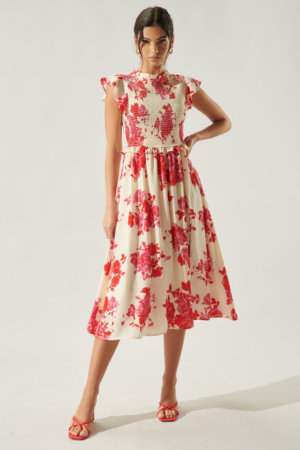 Rhu Crimson Floral Smocked Midi Dress - BTK COLLECTION