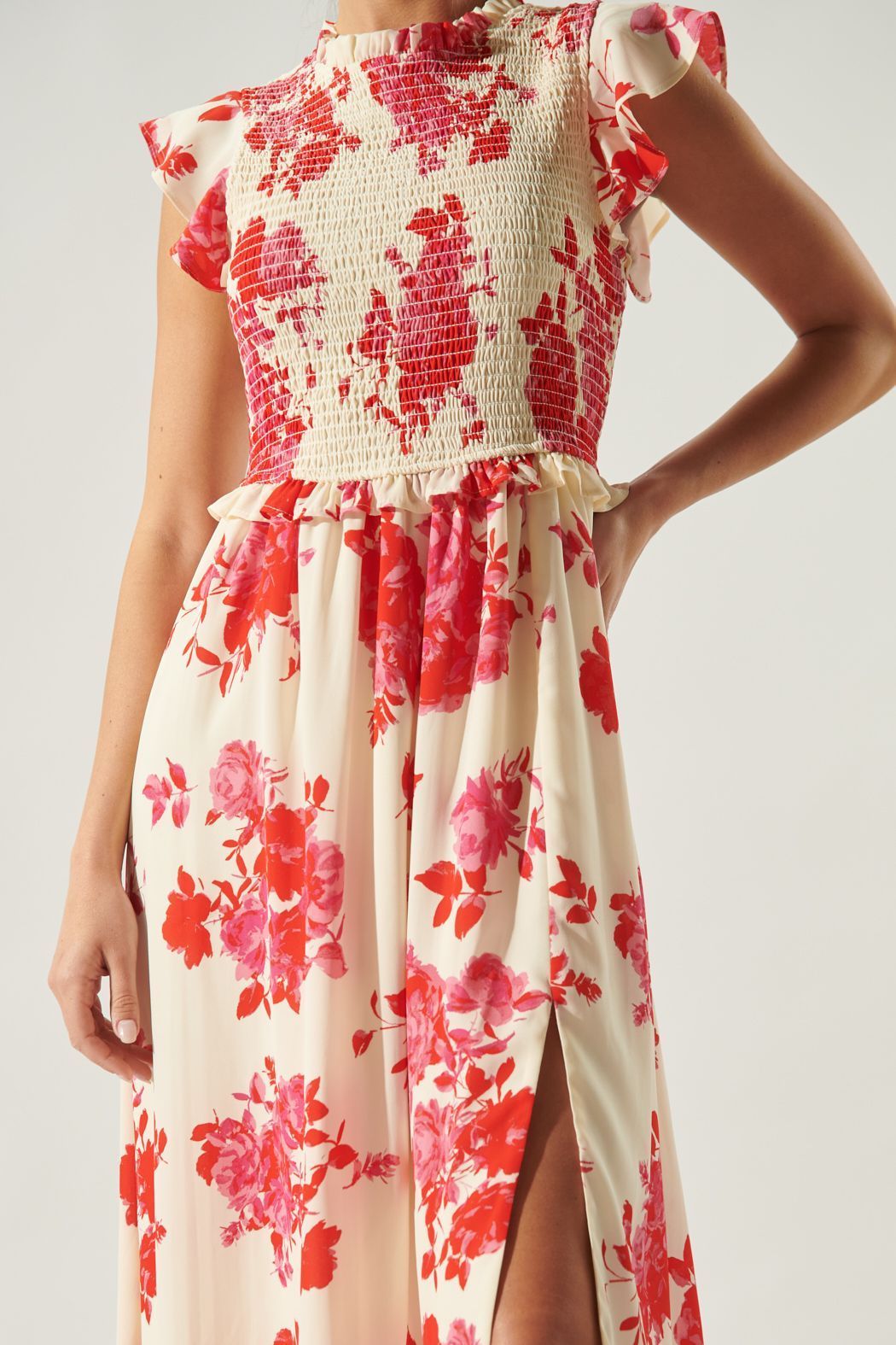 Rhu Crimson Floral Smocked Midi Dress - BTK COLLECTION