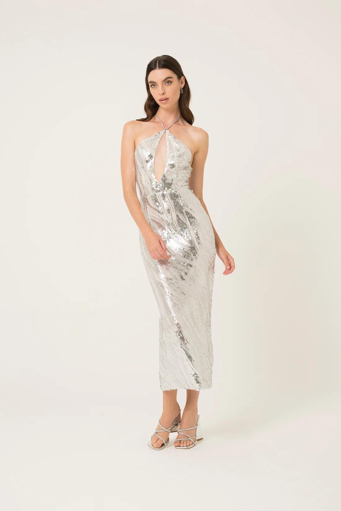 Sequin-Embellished Maxi Dress with Halter Neckline - BTK COLLECTIONS
