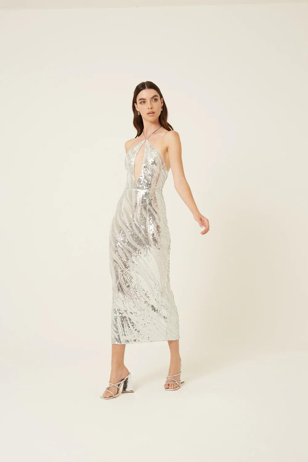 Women’s silver sparkle evening midi dress with halter neckline and keyhole front