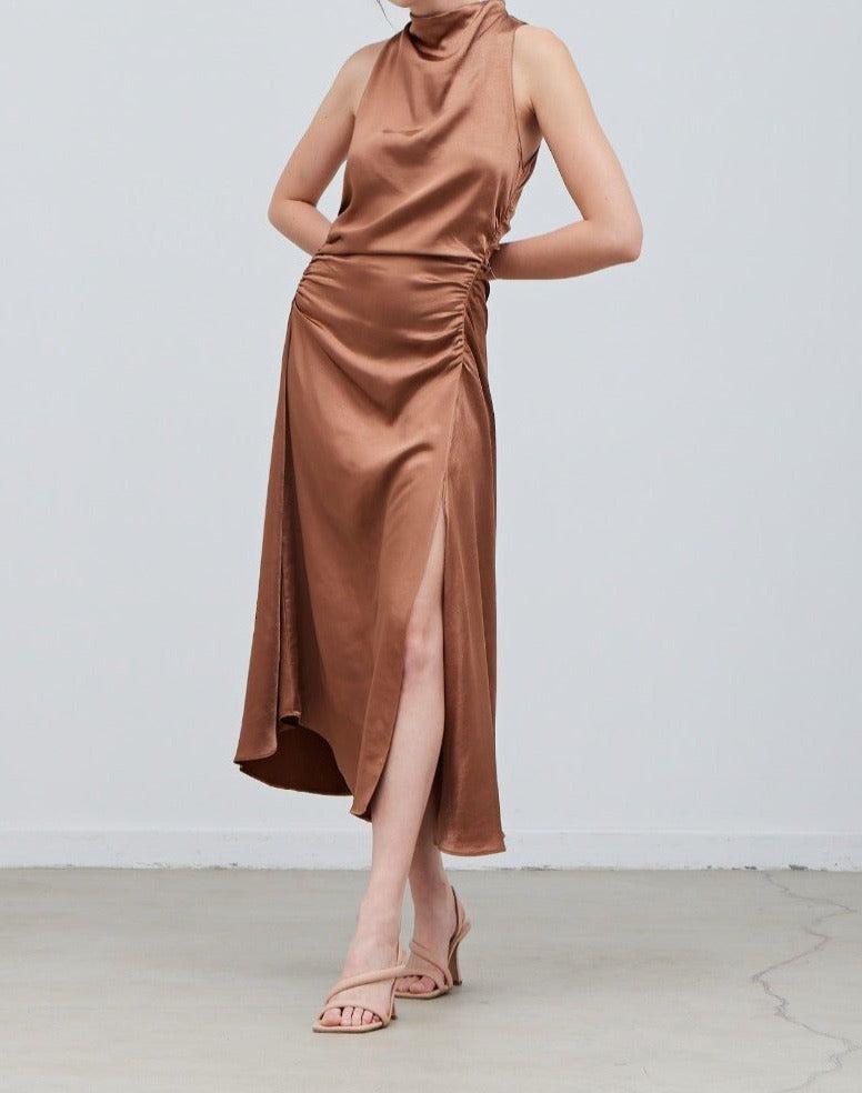 Shirred Drape Satin Dress - BTK COLLECTION