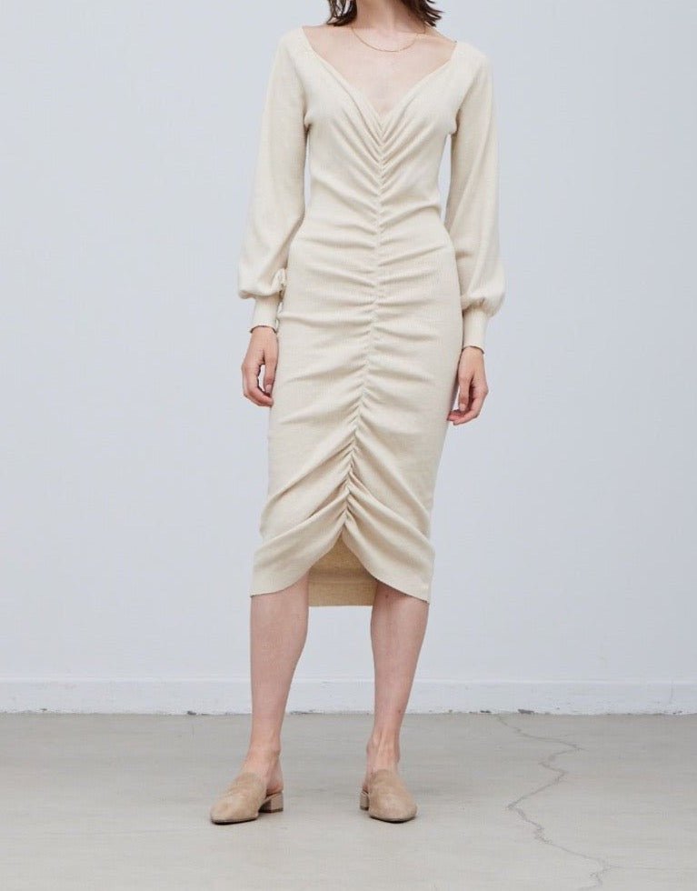 Front view of shirred sweater midi dress by Grade & Gather featuring a figure-flattering body-skimming silhouette