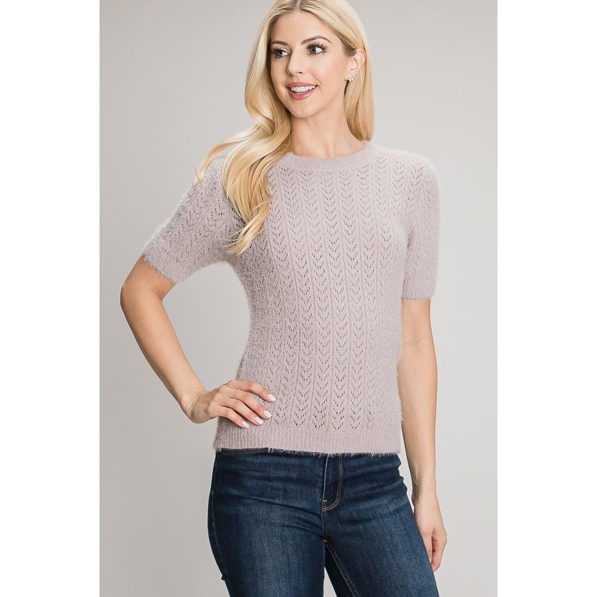 Short Sleeve Pointelle Eyelash Sweater - BTK COLLECTION