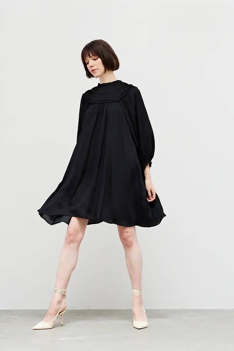 Smocked Bib Satin Dress - BTK COLLECTION