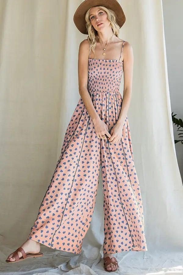 Smocked Polka Heart Print Jumpsuit - BTK COLLECTION