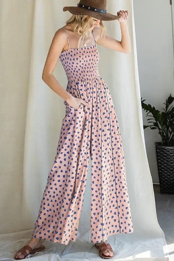 Smocked Polka Heart Print Jumpsuit - BTK COLLECTION