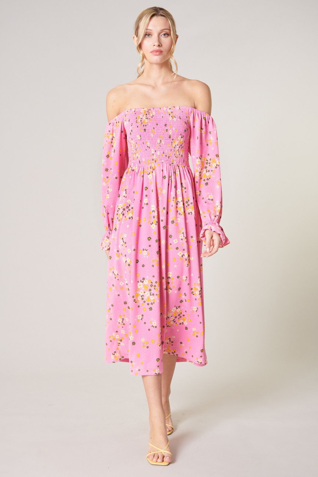 Sugarlips Spring Dream pink floral off-shoulder smocked midi dress with long sleeves, full-length front view