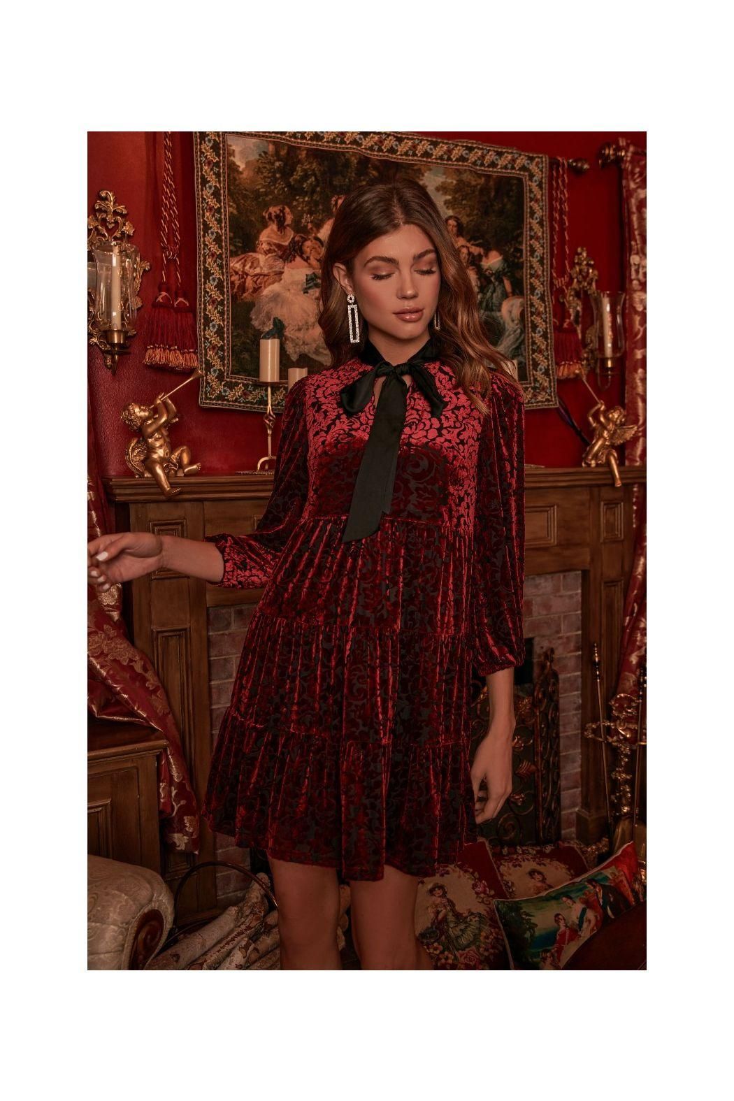 Sweet as a Rose Tie Neck Velvet Tiered Dress - BTK COLLECTION