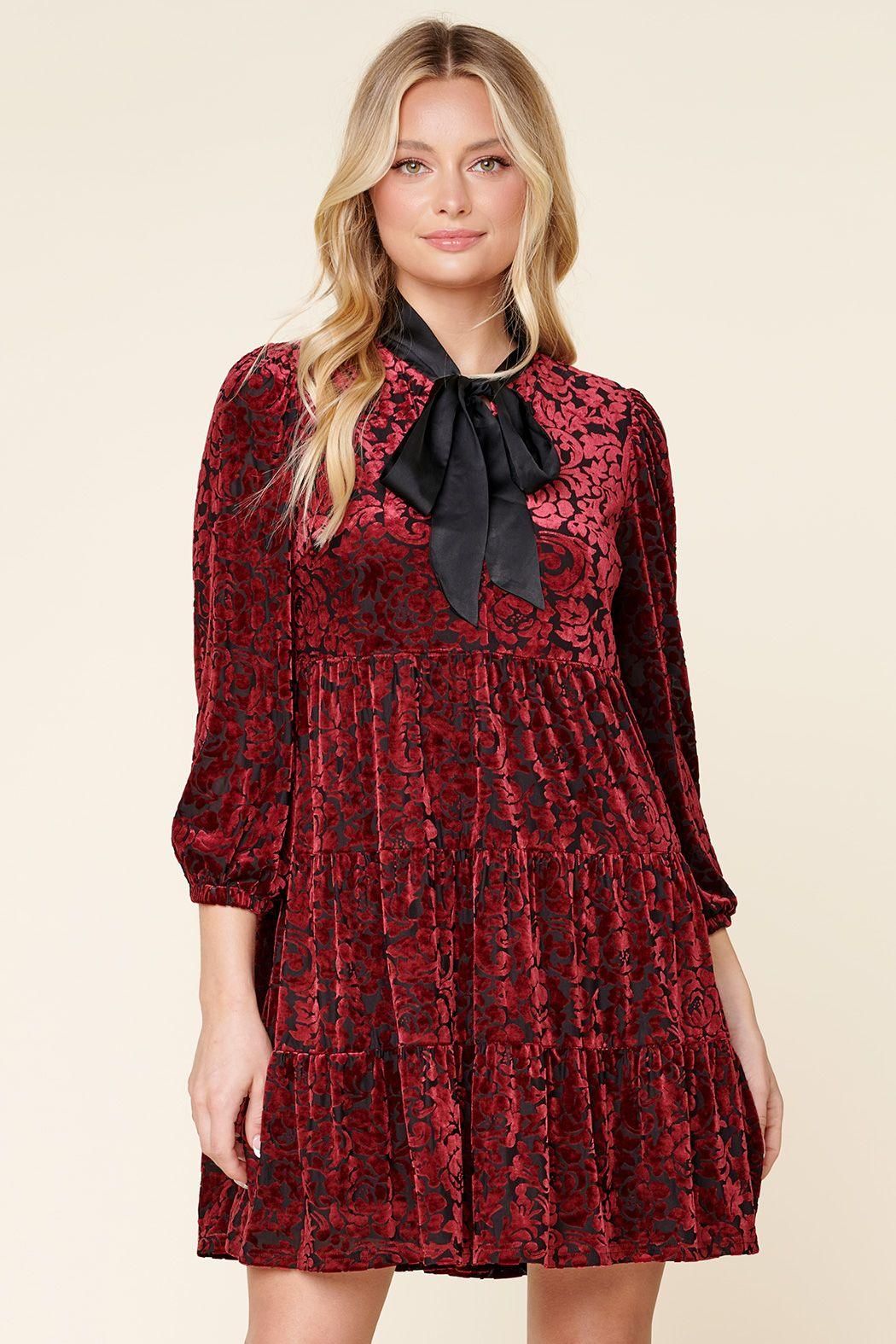 Sweet as a Rose Tie Neck Velvet Tiered Dress - BTK COLLECTION