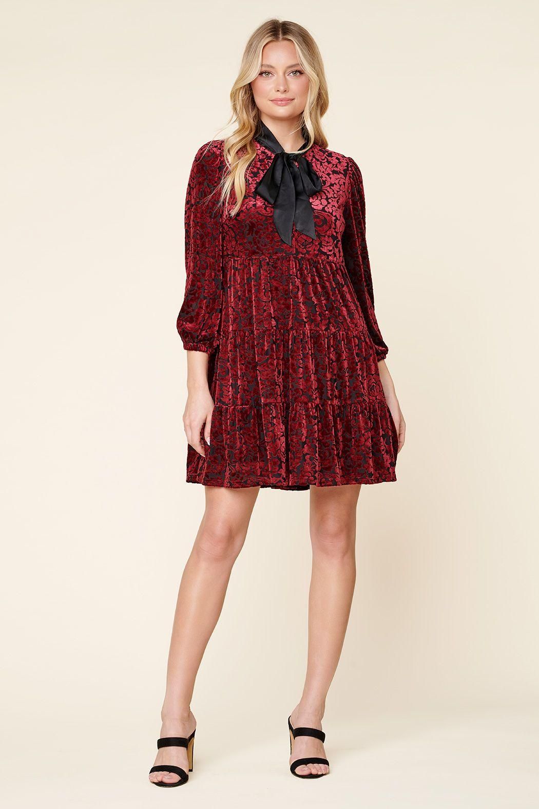 Sweet as a Rose Tie Neck Velvet Tiered Dress - BTK COLLECTION