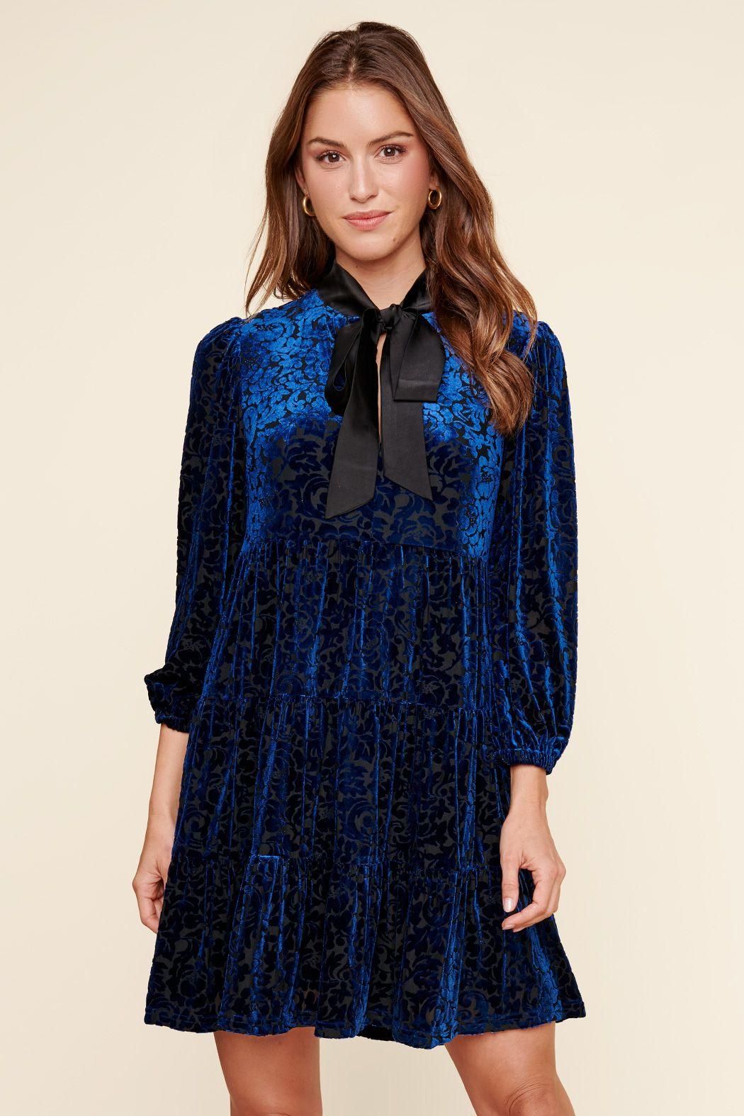 Sweet as a Rose Tie Neck Velvet Tiered Dress - BTK COLLECTION