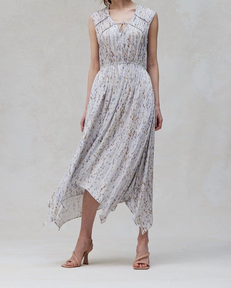 Full front view of Blue Dusk sleeveless print midi dress with tie neck and handkerchief hem