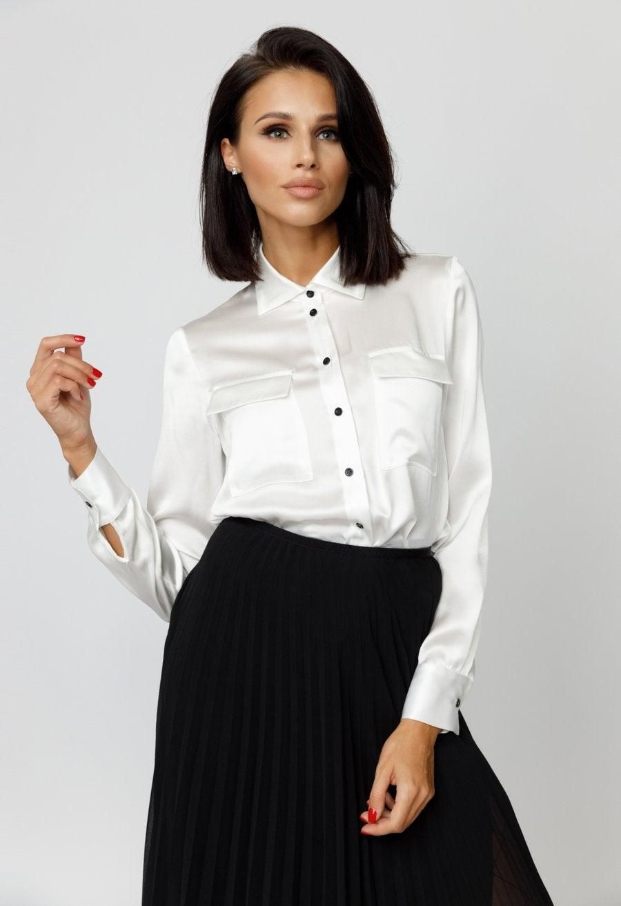 White Front-Pocket Silk Blouse - BTK COLLECTION