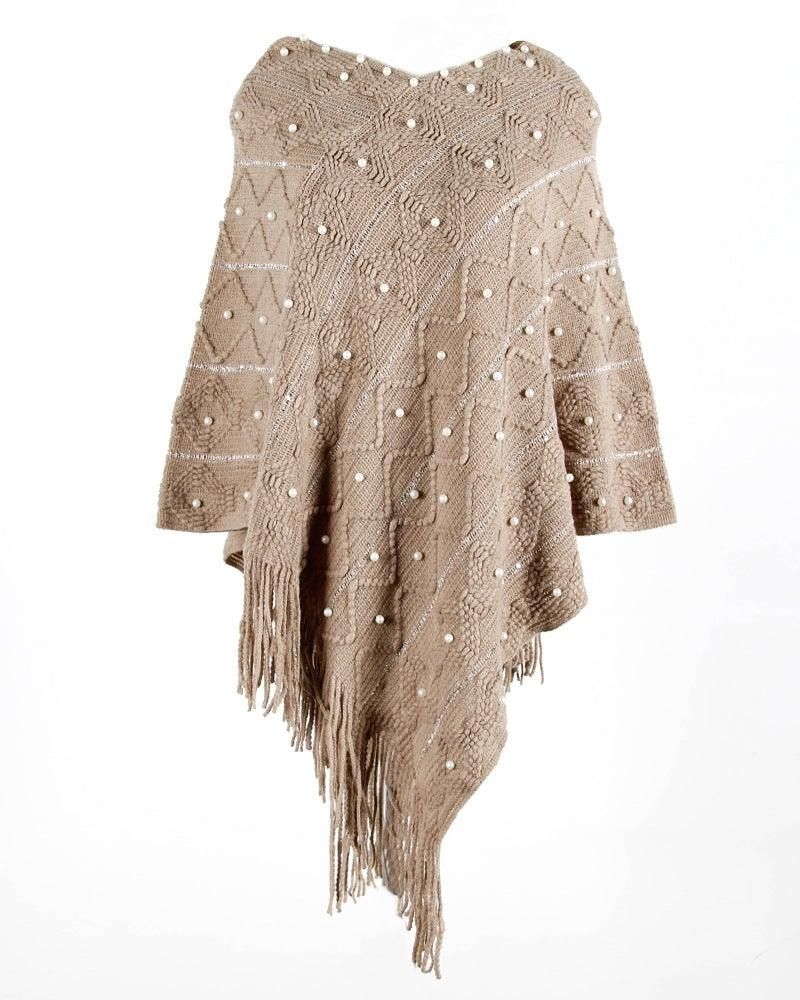 Champagne color with  pearl‑accent knit poncho wrap with fringe