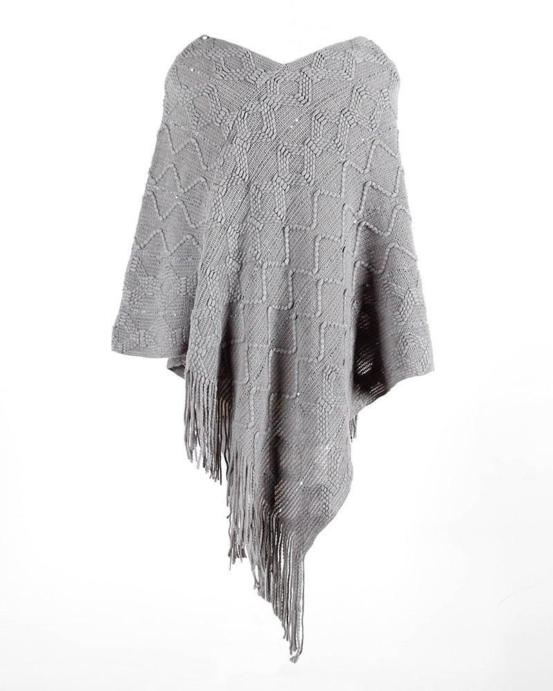 Gray pearl‑detailed poncho with asymmetrical drape and fringe